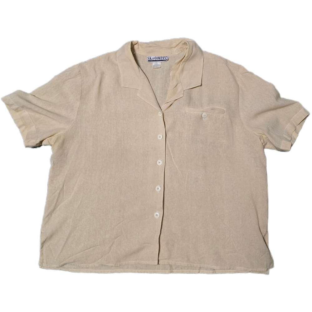 SK & Company Silk‎ Shirt Top Womens Beige Short Sleeve Collared Button Up (J)